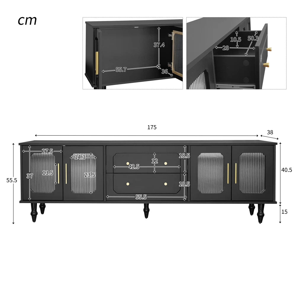 Meuble TV Vittoria – Noir et verre cannelé, 177 cm – dimensions et proportions