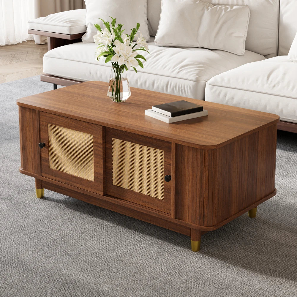 Table basse Ravello – Noyer et cannage, 100 cm – détail des finitions