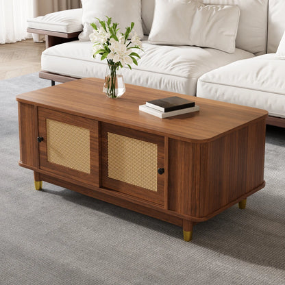 Table basse Ravello – Noyer et cannage, 100 cm – détail des finitions