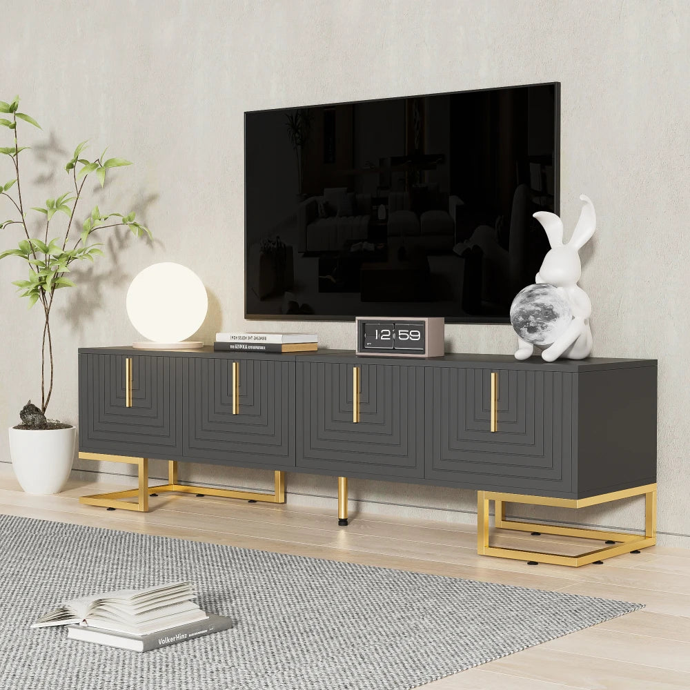 Meuble TV Sorrento – Gris structuré et doré, 170 cm – rangements et fonctionnalités
