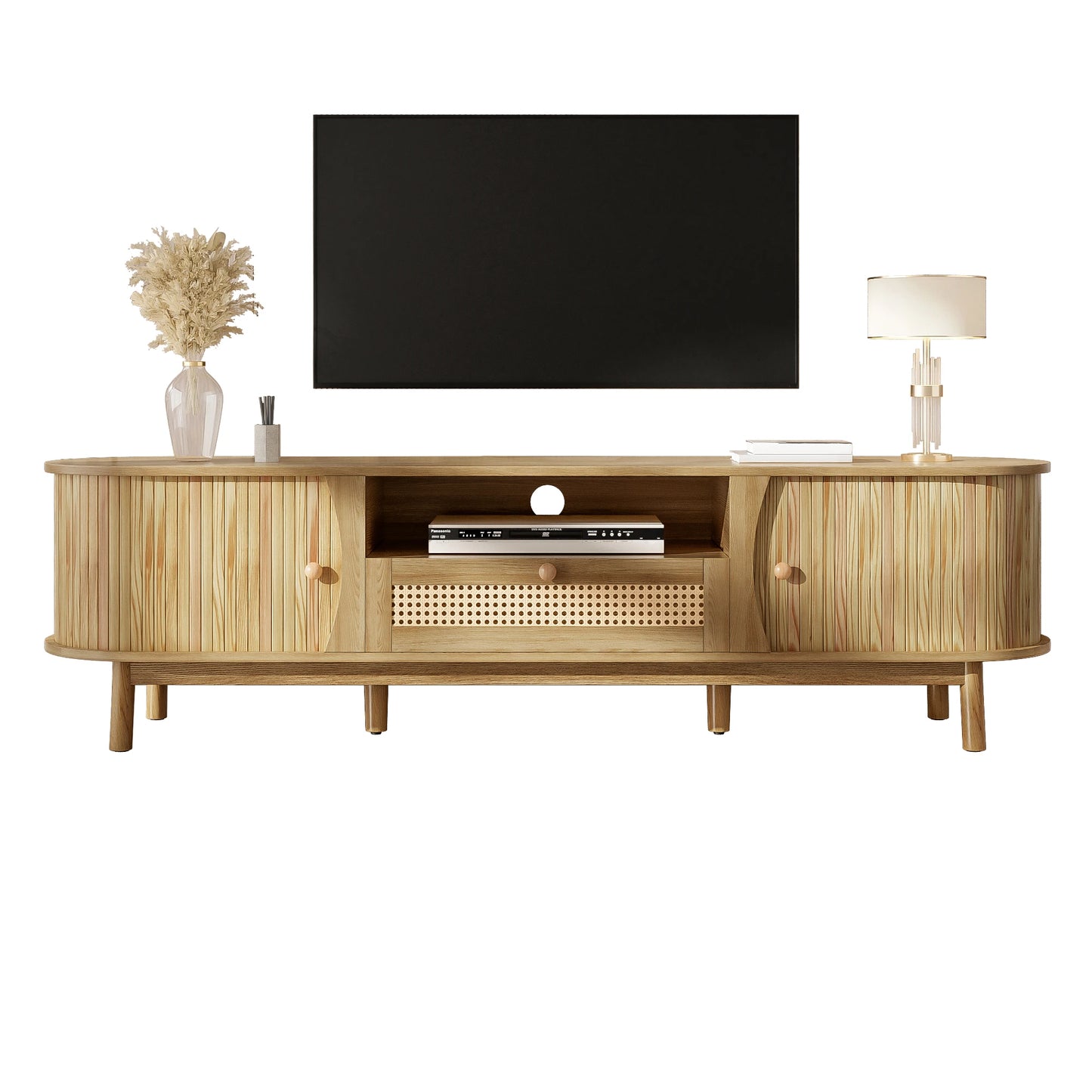 Meuble TV Matera – Bois naturel et cannage, 165 cm – mise en situation