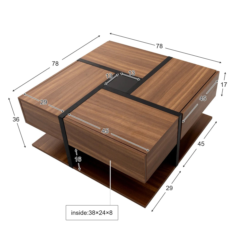 Table basse Quadra – 4 tiroirs, bois naturel, 78 cm – dimensions et proportions