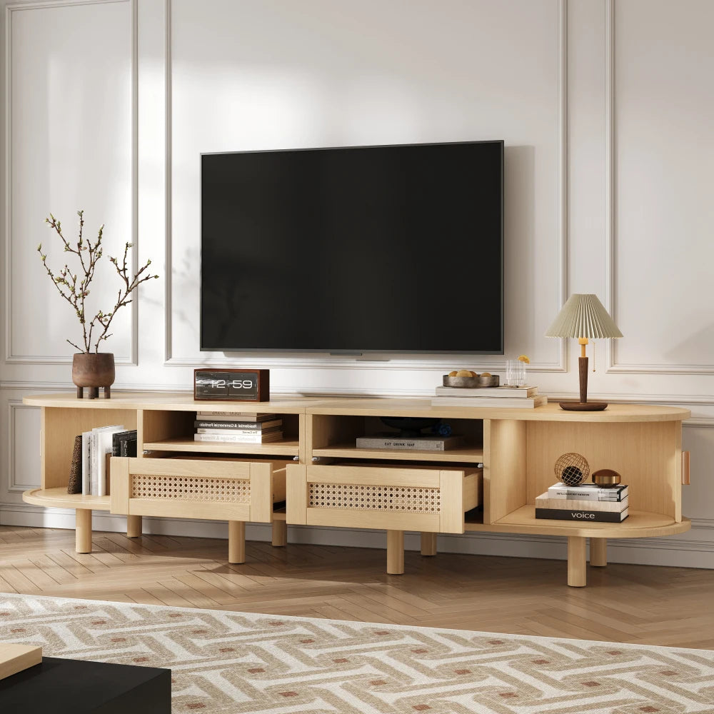 Meuble TV Treviso – Chêne clair et cannage, 170 cm – rangements et fonctionnalités