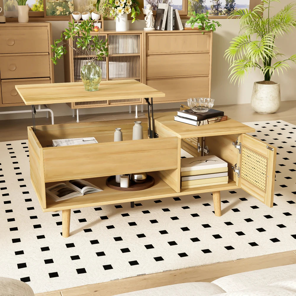 Table basse relevable Rimini – Bois et cannage, 103 cm – mise en situation