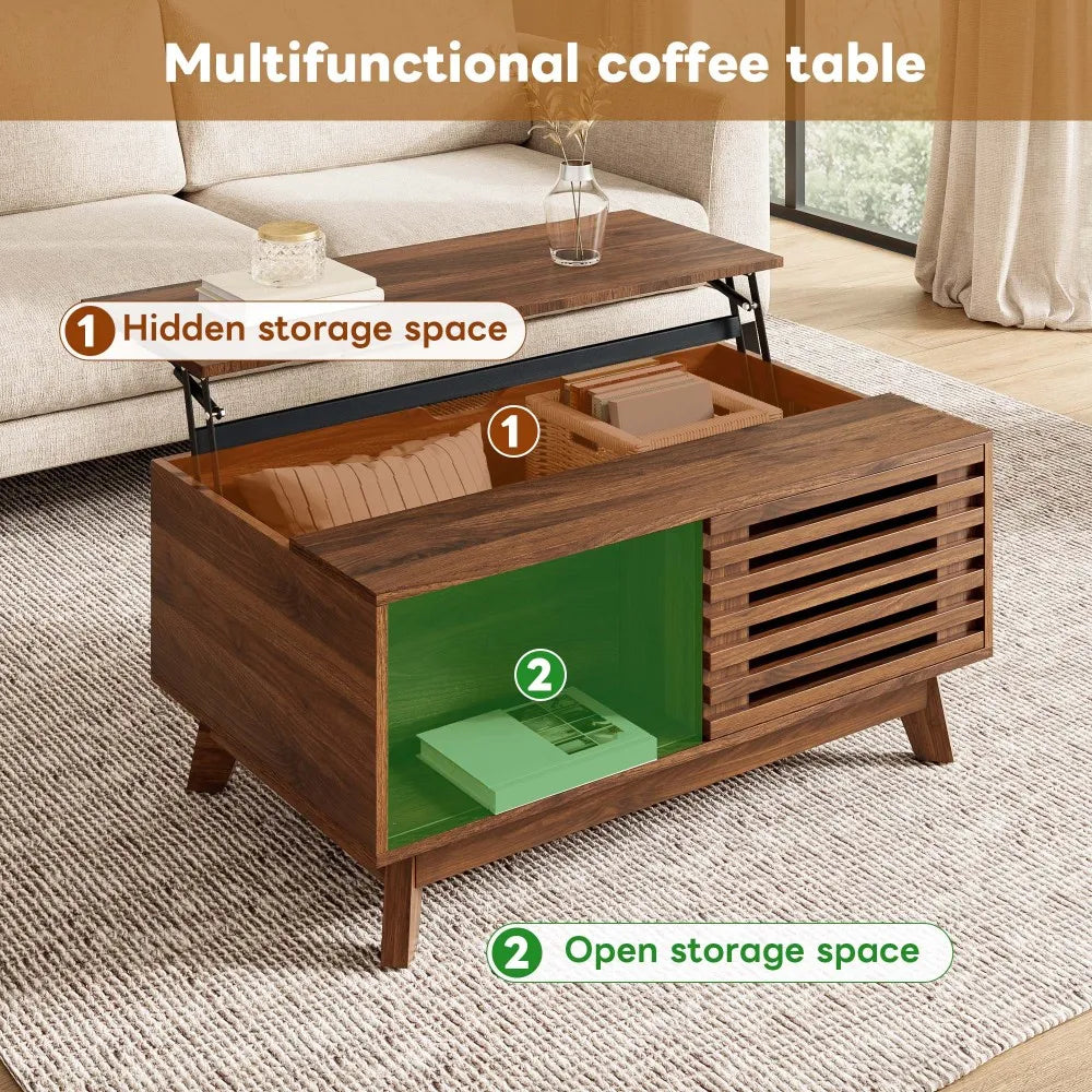Table basse relevable Urbino – Noyer coulissant, 90 cm – mise en situation