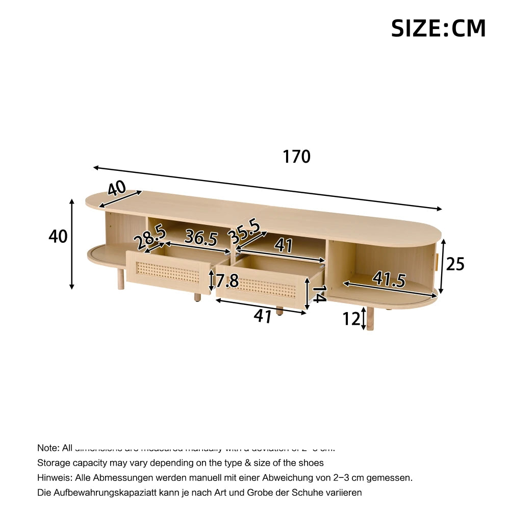 Meuble TV Treviso – Chêne clair et cannage, 170 cm – dimensions et proportions