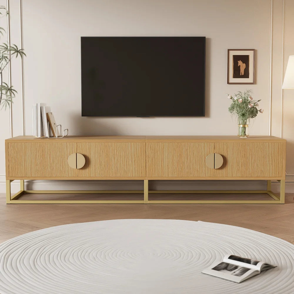 Meuble TV Verona – Bois rainuré et doré, 180 cm – rangements et fonctionnalités