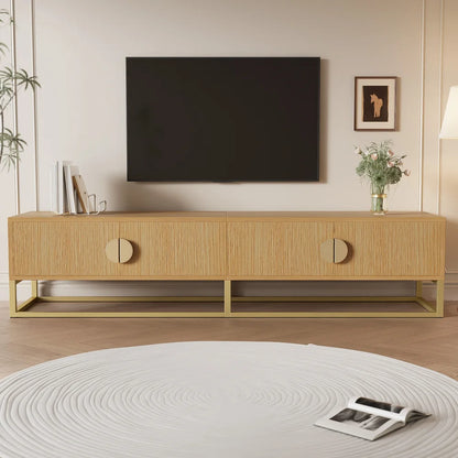 Meuble TV Verona – Bois rainuré et doré, 180 cm – rangements et fonctionnalités