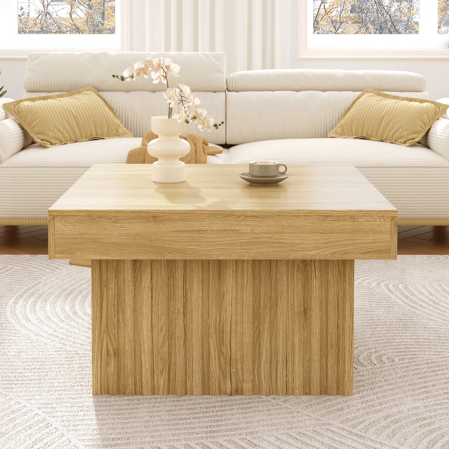 Table basse carrée Arco – Bois naturel, 79 cm – dans un salon