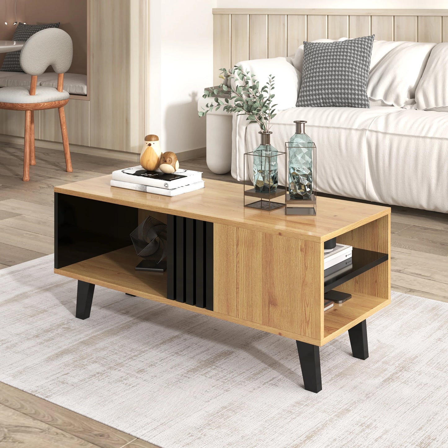 Table basse Torino – Noir et bois, rangements, 100 cm – mise en situation