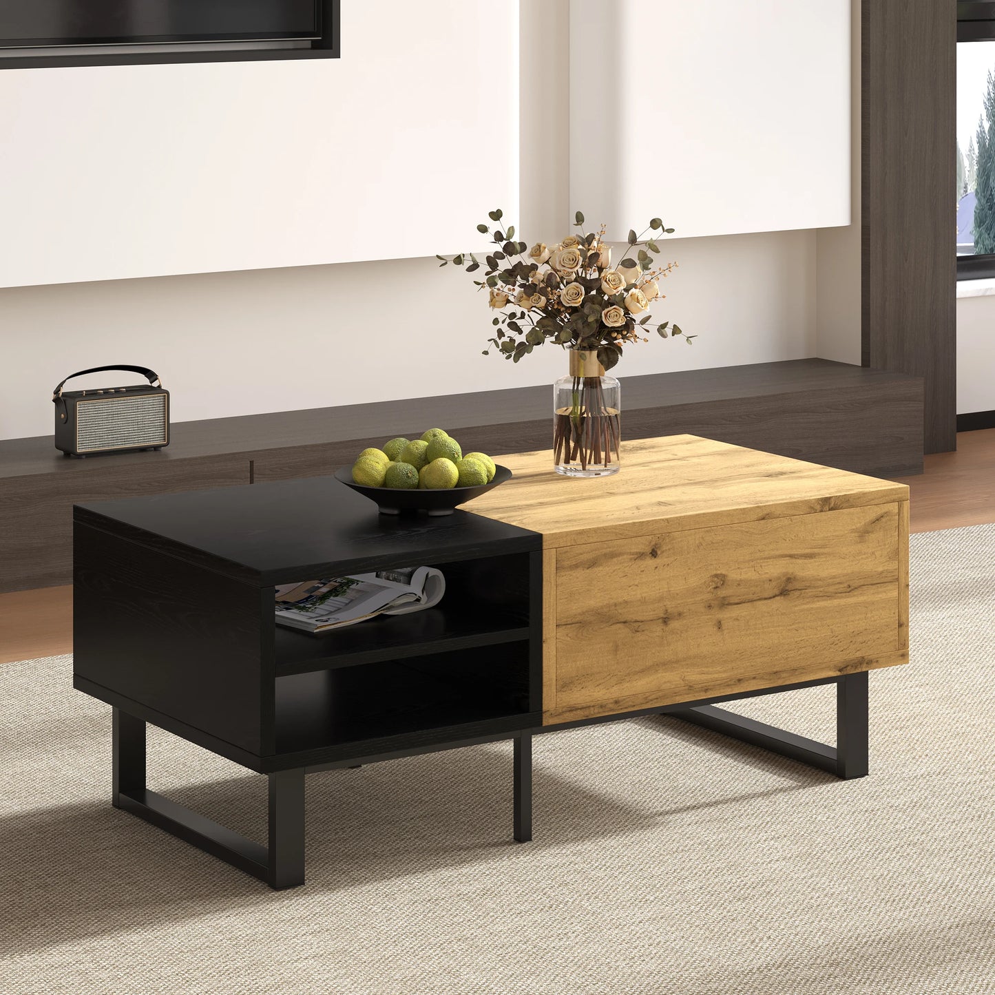 Table basse Modena – Noir et bois, rangements, 100 cm – mise en situation