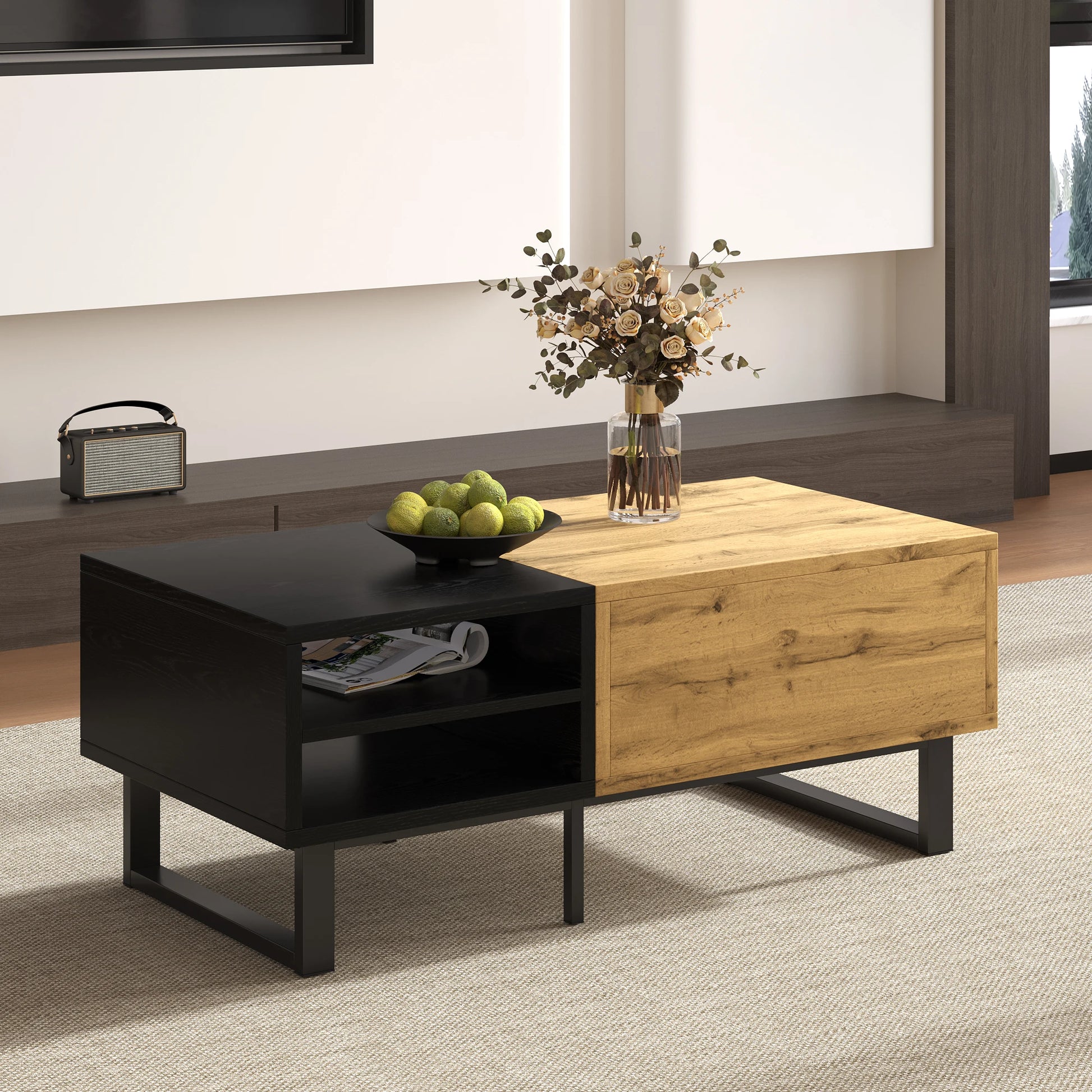 Table basse Modena – Noir et bois, rangements, 100 cm – mise en situation
