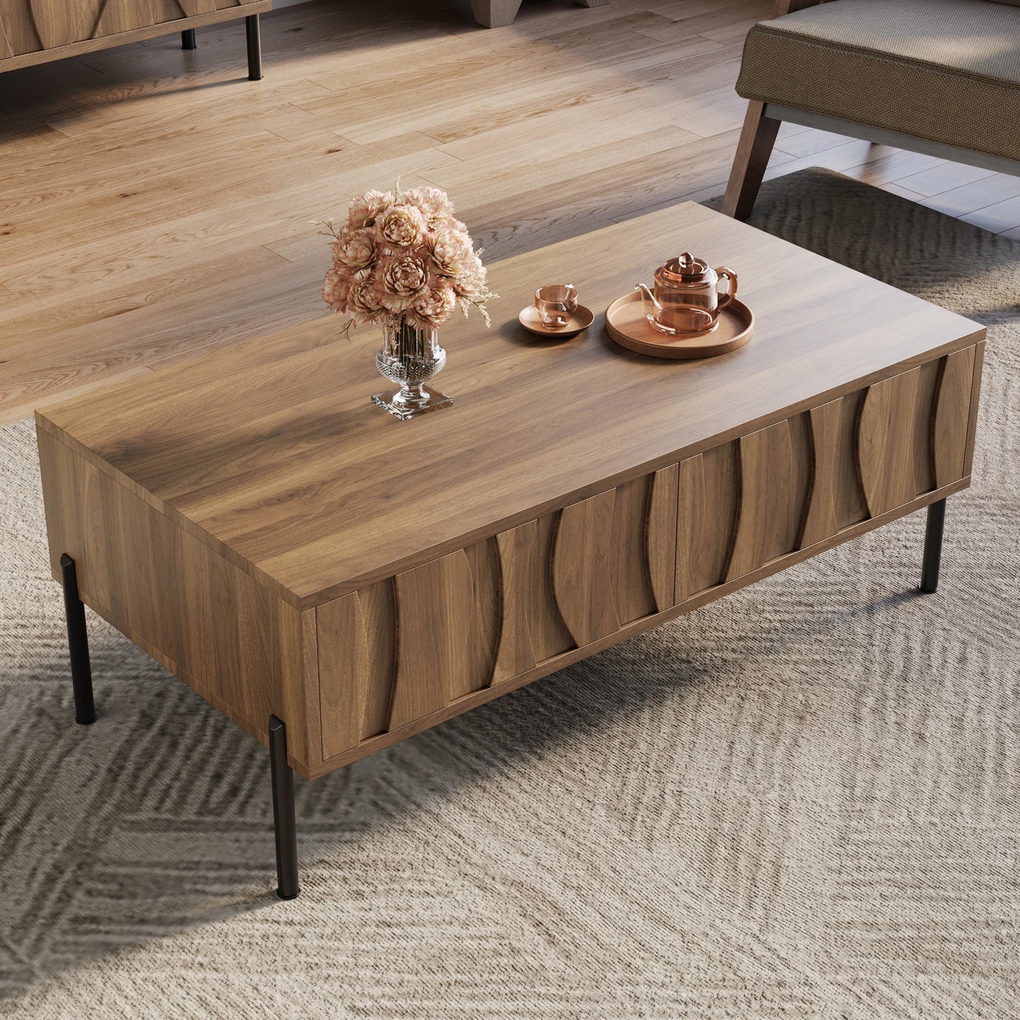 Table basse Pesaro – Bois naturel, 2 tiroirs, 105 cm – détail des finitions