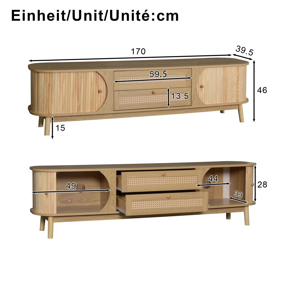 Meuble TV Cortona – Bois naturel et cannage, 170 cm – dimensions et proportions