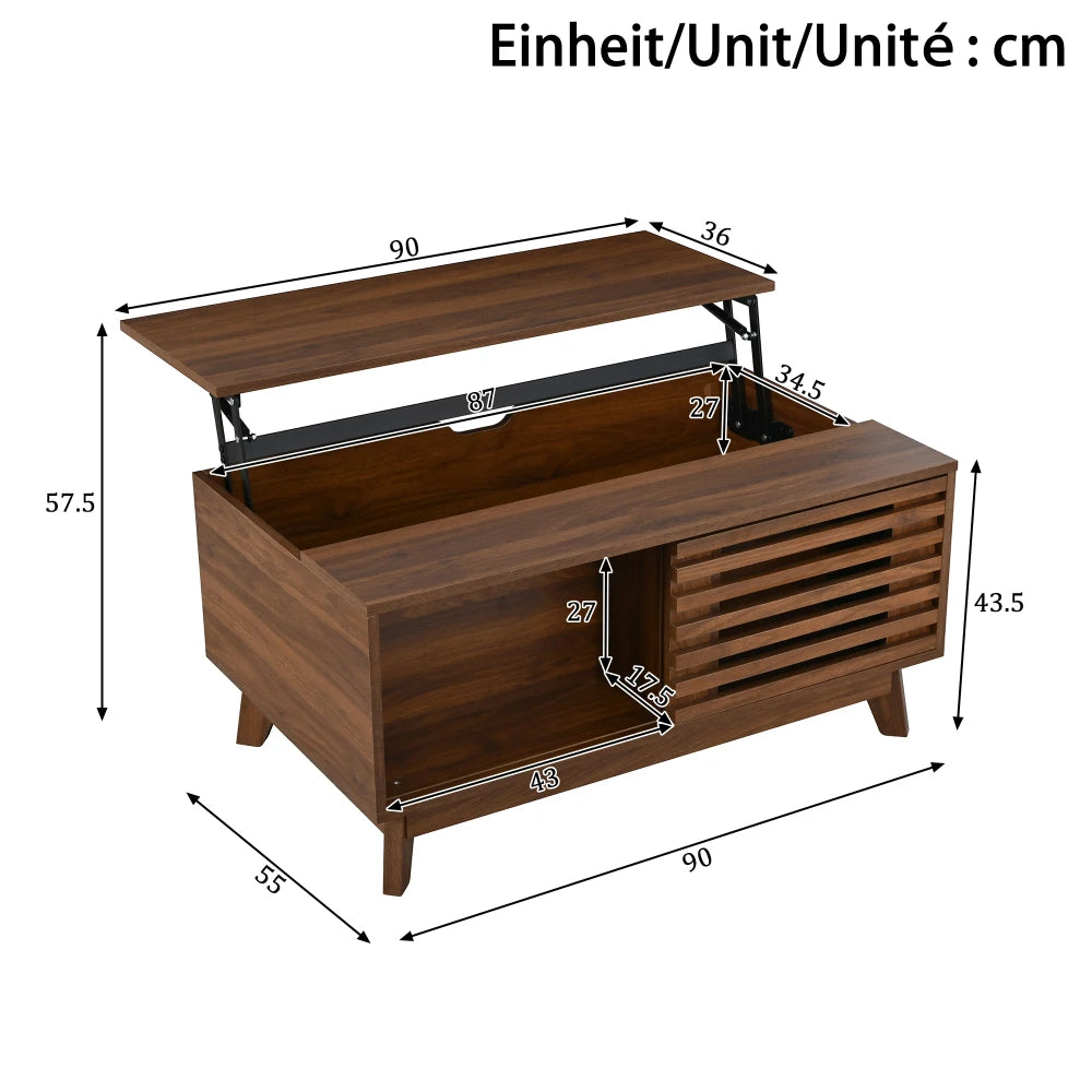 Table basse relevable Urbino – Noyer coulissant, 90 cm – dimensions et proportions