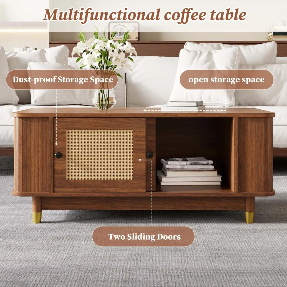 Table basse Ravello – Noyer et cannage, 100 cm – rangements et fonctionnalités