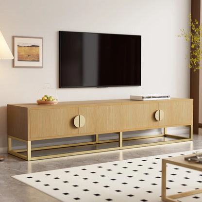 Meuble TV Verona – Bois rainuré et doré, 180 cm – mise en situation