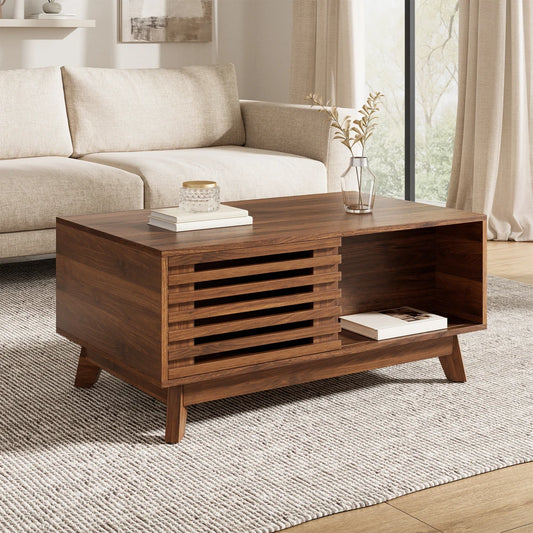Table basse relevable Urbino – Noyer coulissant, 90 cm – dans un salon