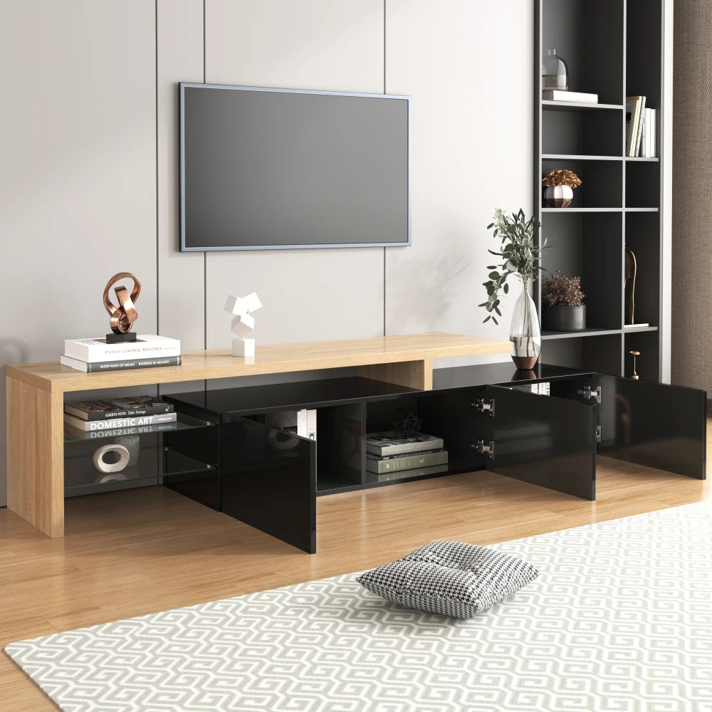 Meuble TV Notte – Noir brillant avec LED, 198 cm – mise en situation