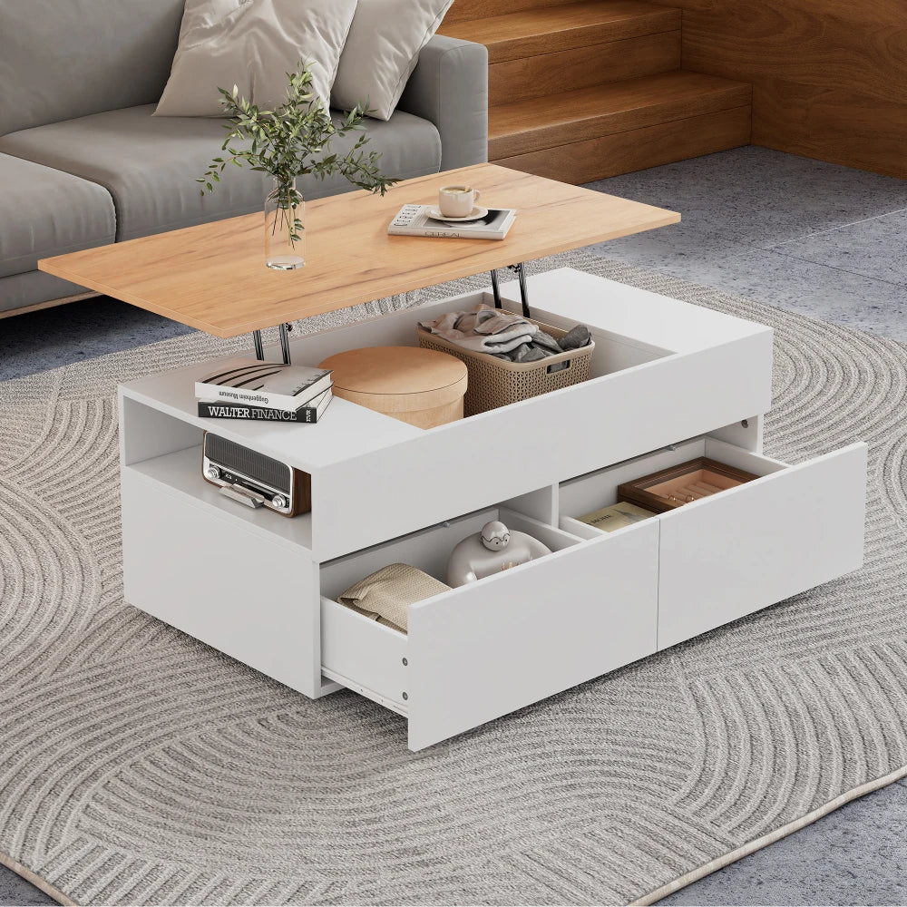Table basse relevable Alba – Blanc et bois, 100 cm – mise en situation