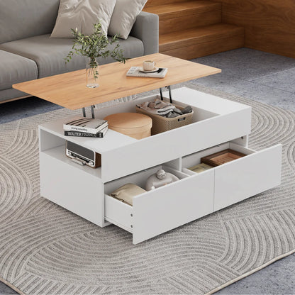 Table basse relevable Alba – Blanc et bois, 100 cm – mise en situation