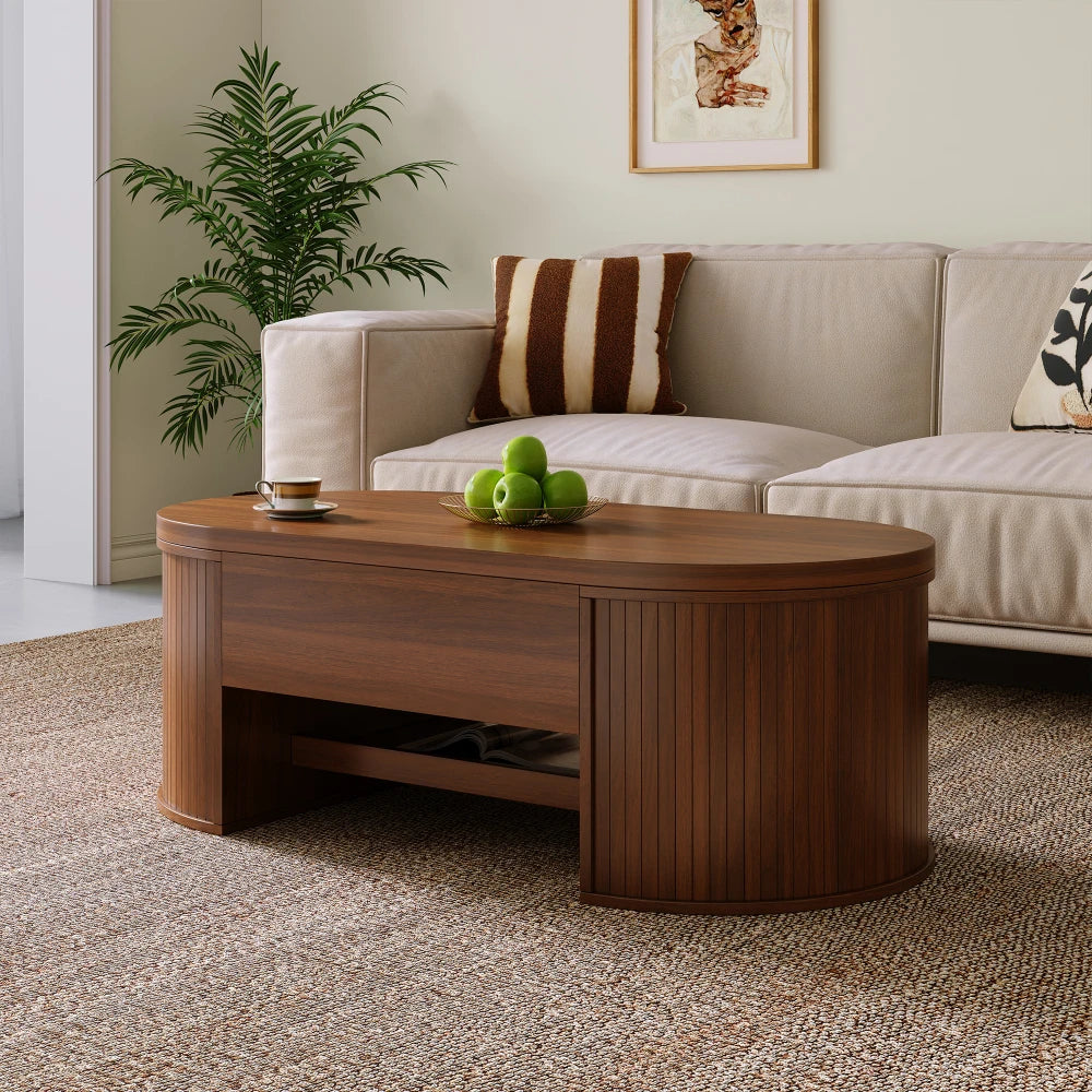 Table basse relevable Fano – Noyer, 110 cm – rangements et fonctionnalités