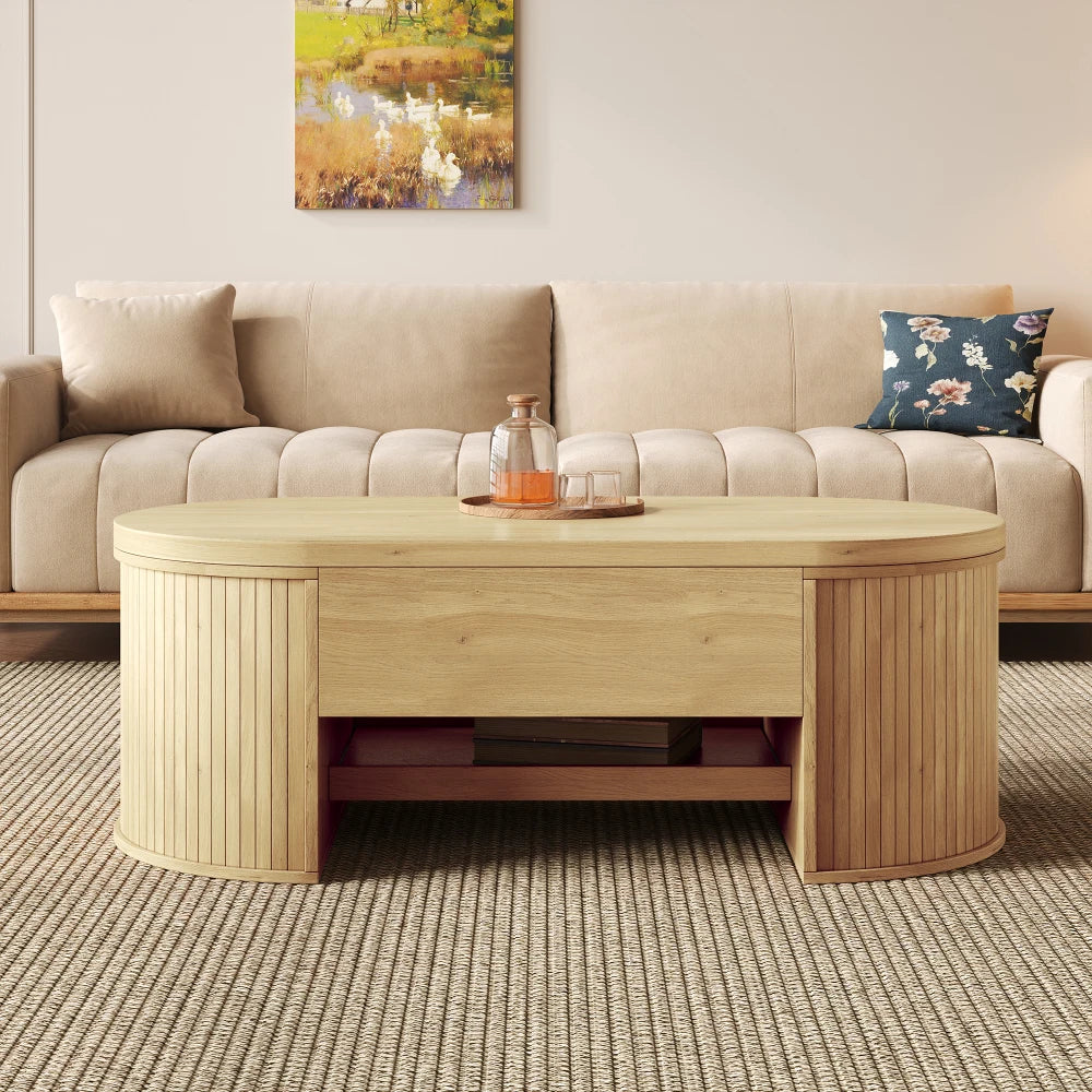 Table basse relevable Olbia – Bois naturel, 110 cm – rangements et fonctionnalités