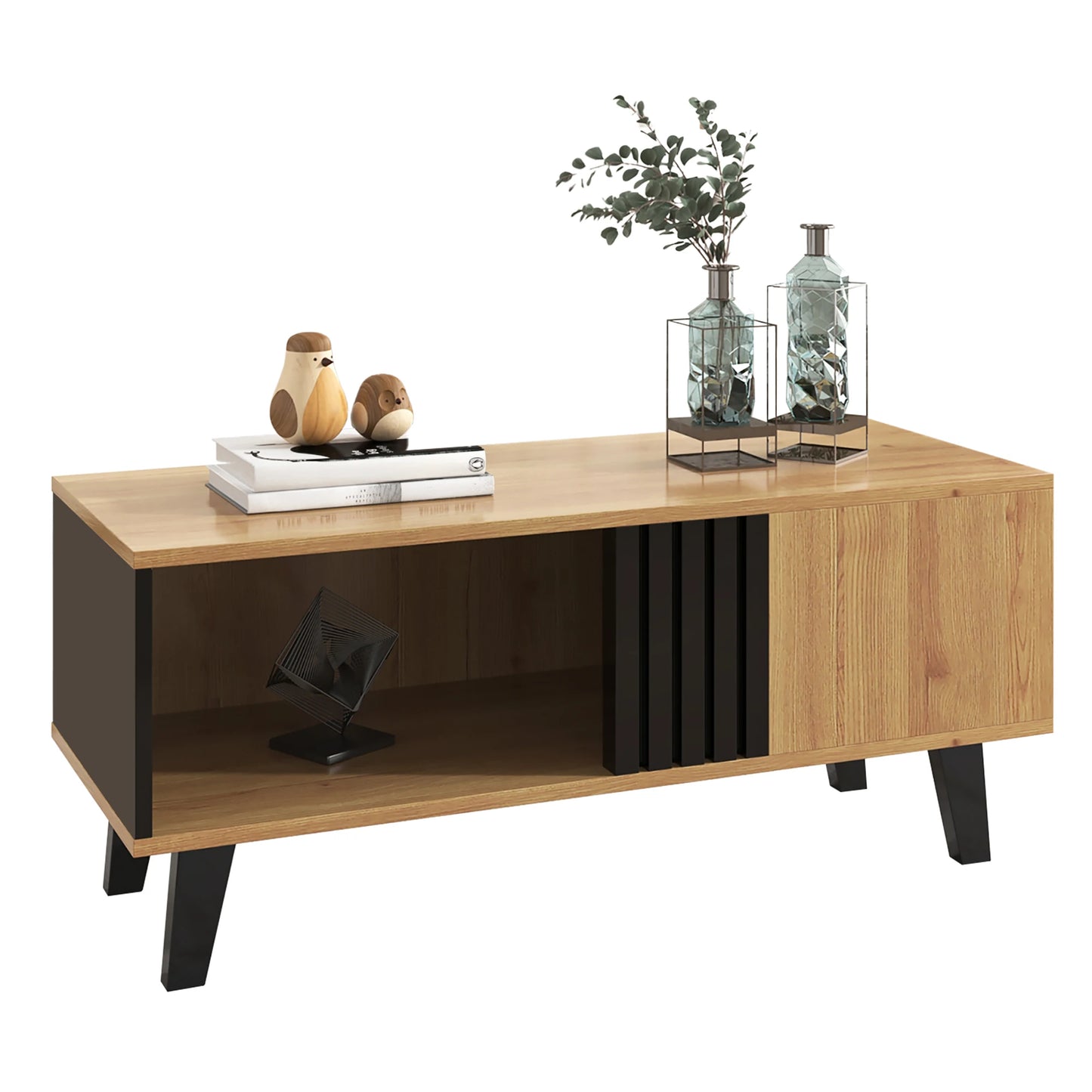 Table basse Torino – Noir et bois, rangements, 100 cm – vue du produit