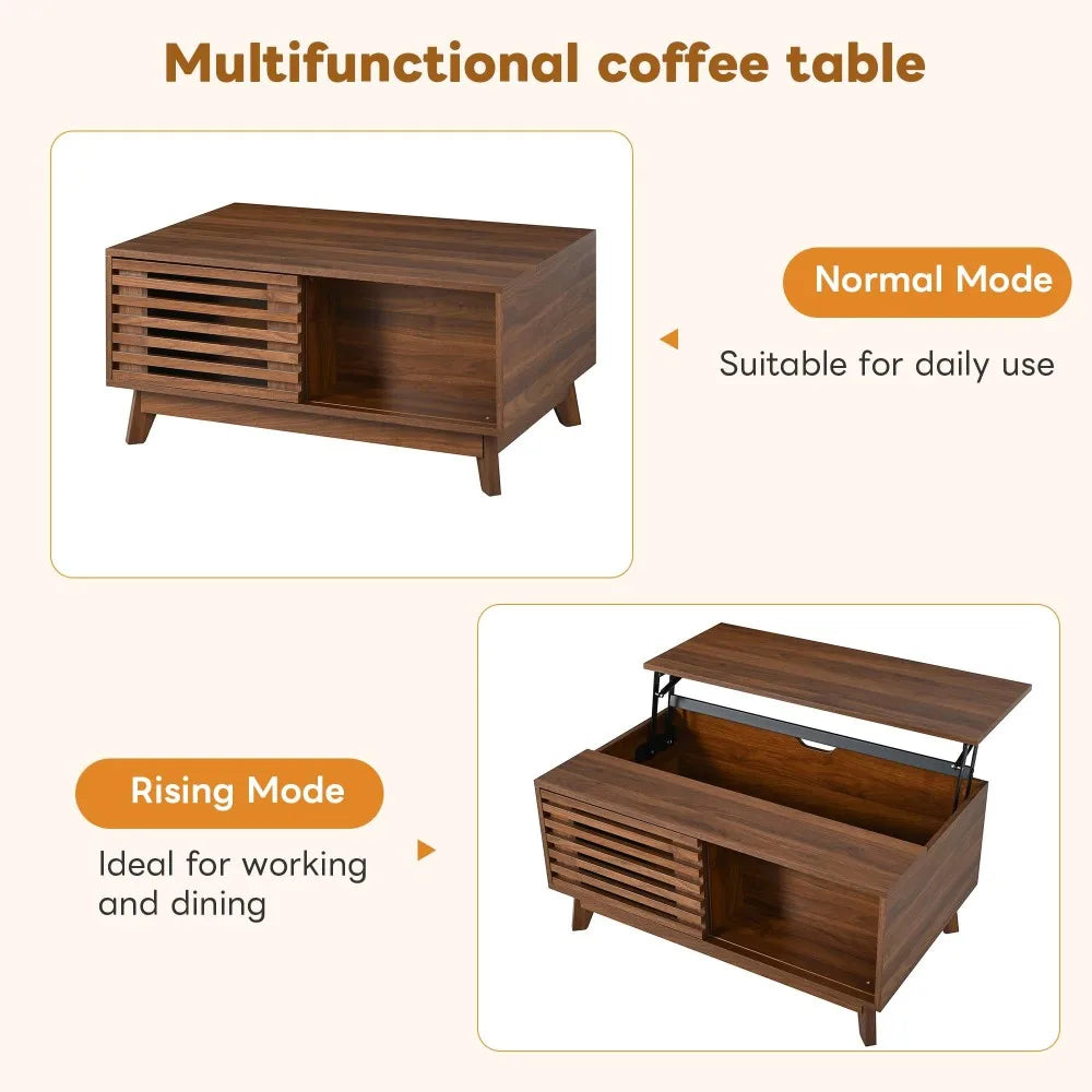 Table basse relevable Urbino – Noyer coulissant, 90 cm – rangements et fonctionnalités