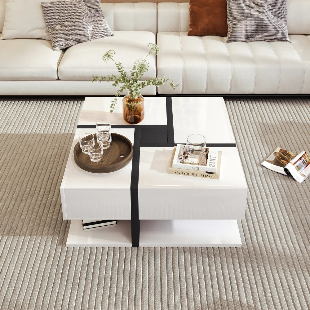 Table basse Perla – Blanc brillant, 4 tiroirs, 78 cm – dans un salon