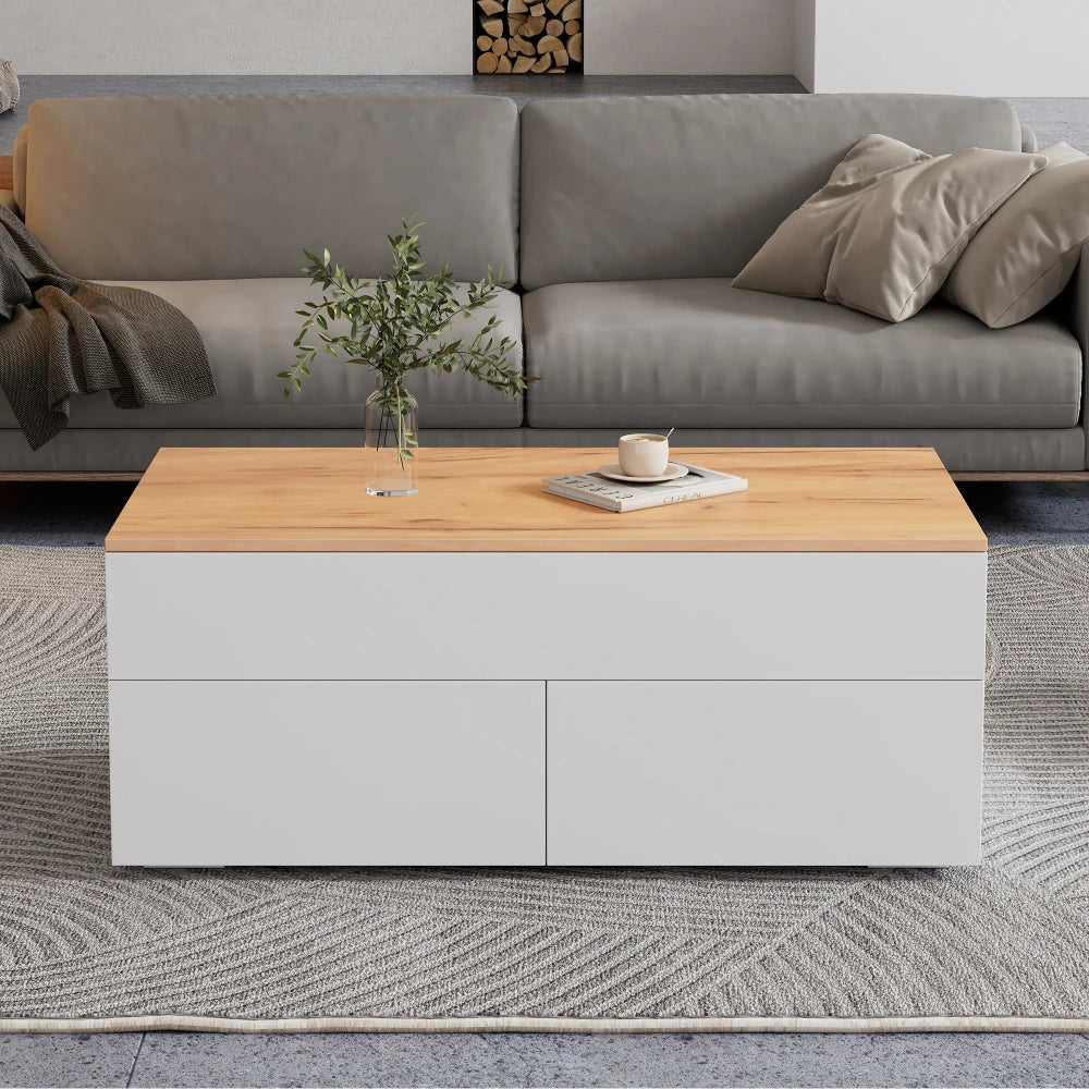 Table basse relevable Alba – Blanc et bois, 100 cm – rangements et fonctionnalités