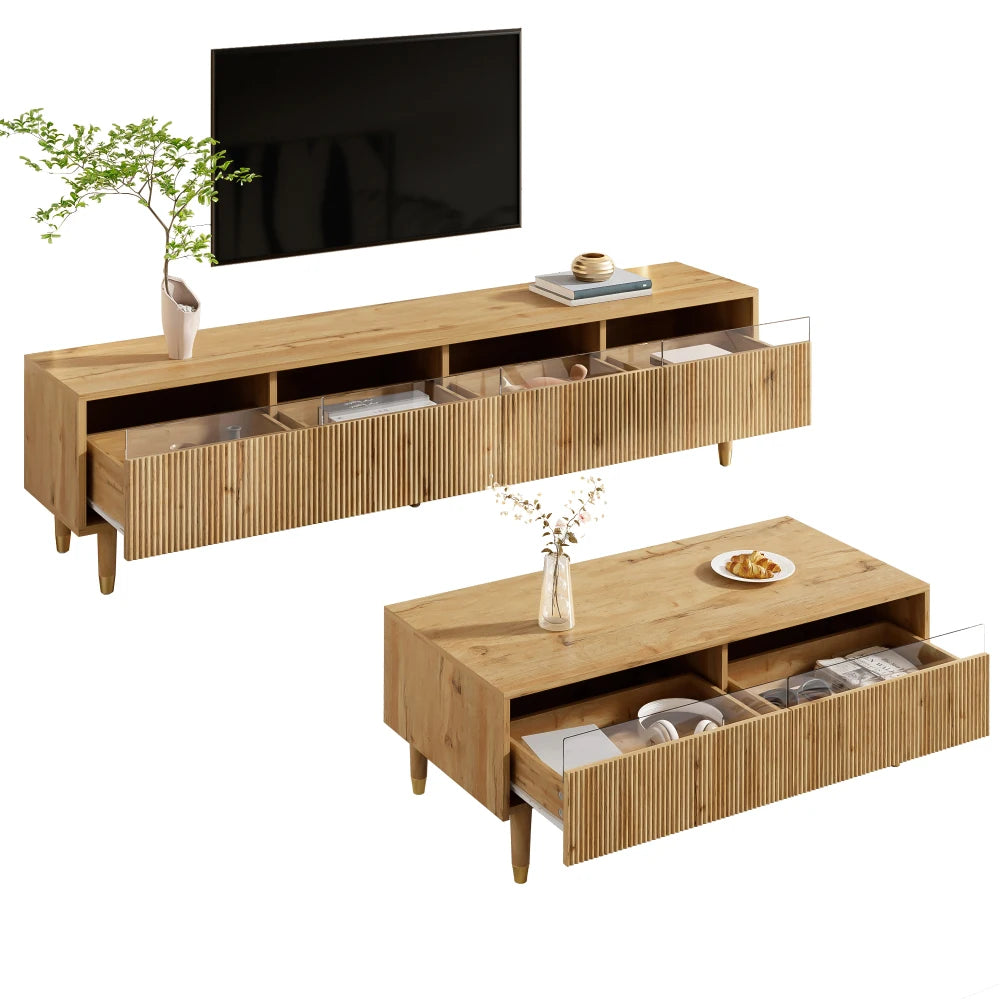 Ensemble TV Lucca – Meuble TV et table basse LED – rangements et fonctionnalités