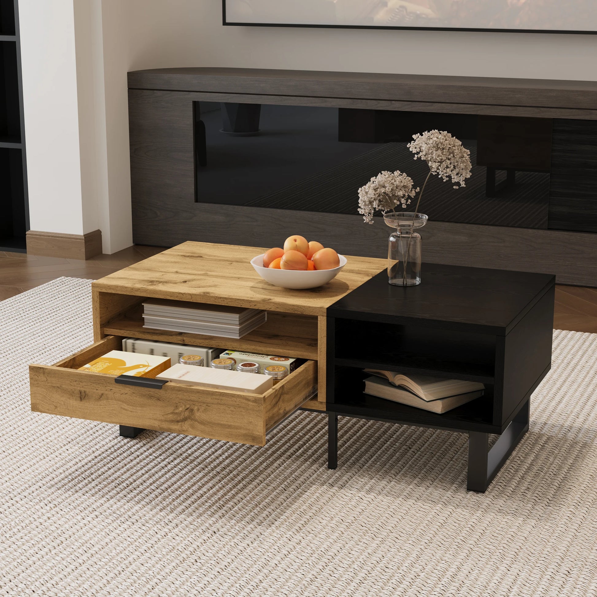 Table basse Modena – Noir et bois, rangements, 100 cm – rangements et fonctionnalités