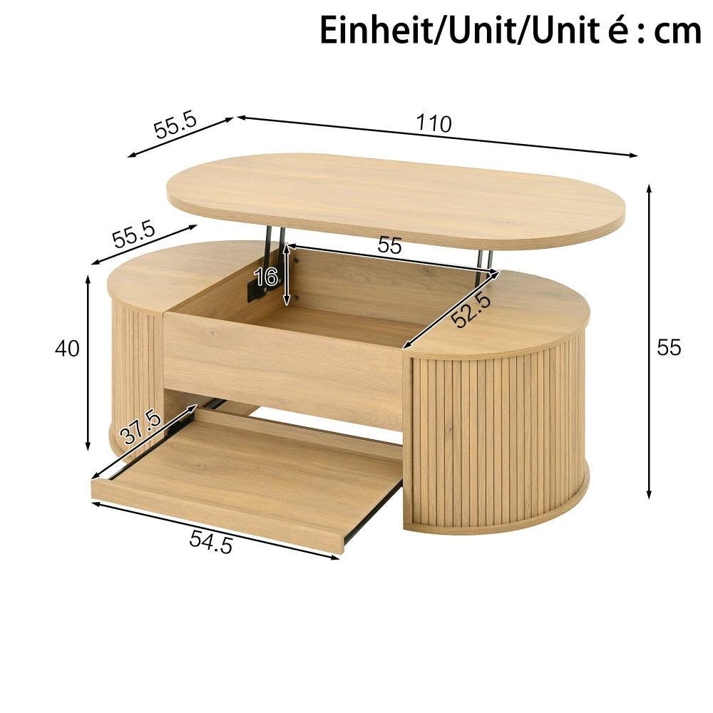 Table basse relevable Olbia – Bois naturel, 110 cm – dimensions et proportions