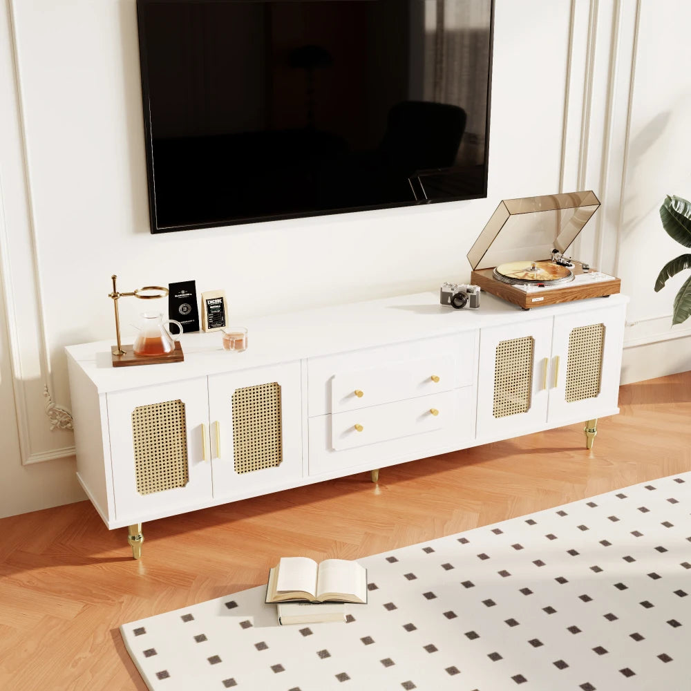 Meuble TV Bianca – Blanc, cannage et doré, 175 cm – mise en situation