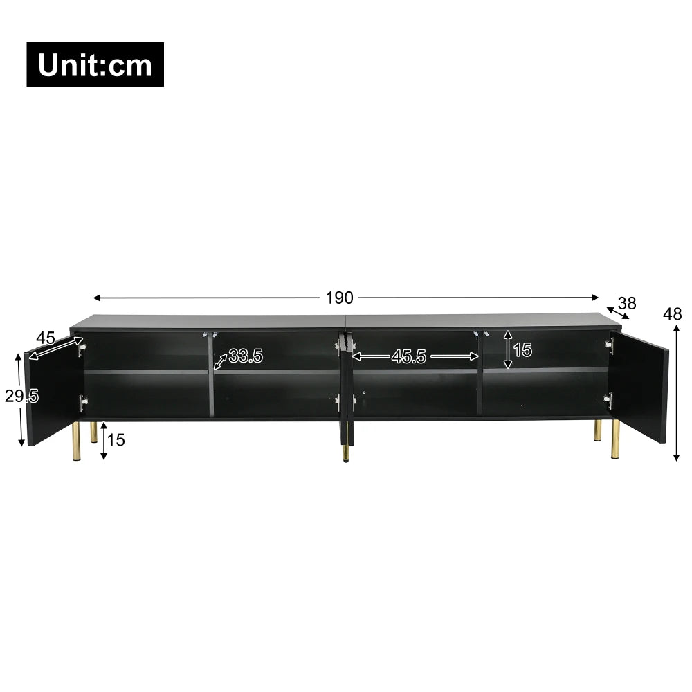 Meuble TV Milano – Noir et doré, 190 cm – dimensions et proportions