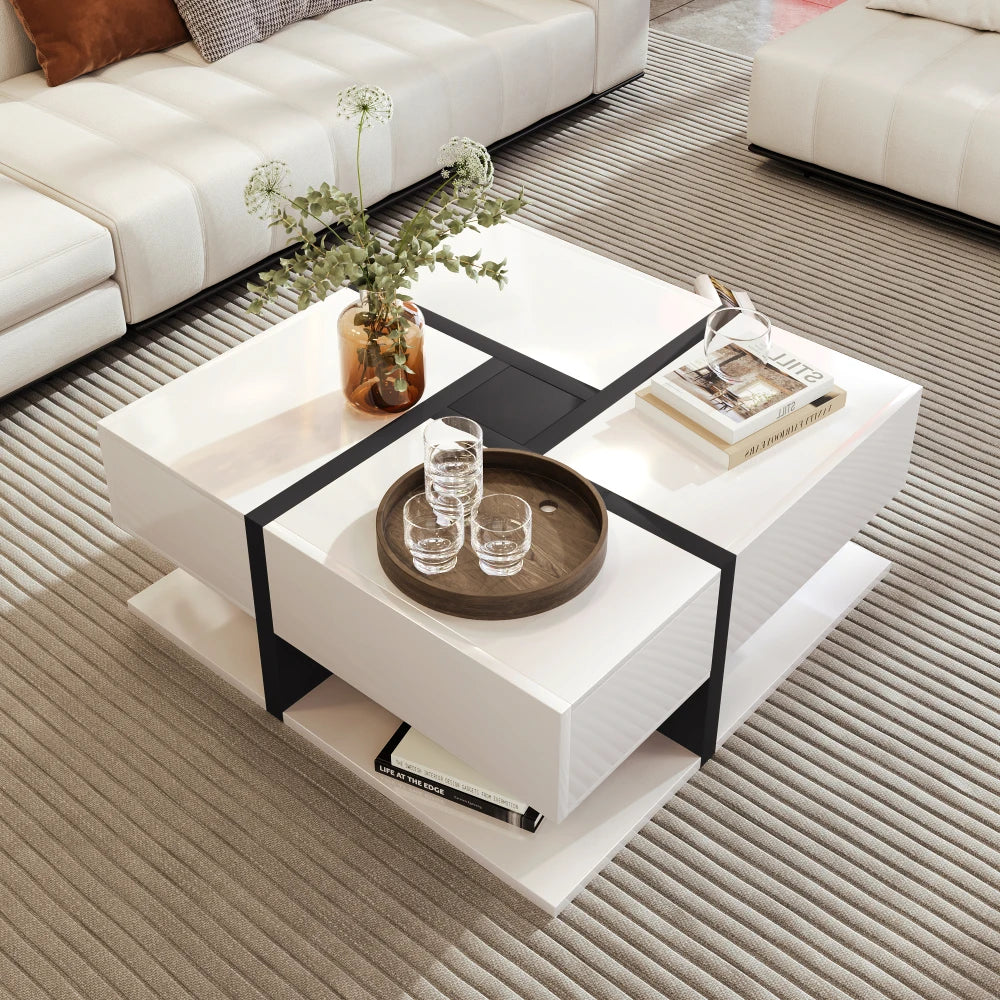 Table basse Perla – Blanc brillant, 4 tiroirs, 78 cm – mise en situation