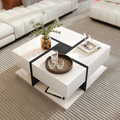 Table basse Perla – Blanc brillant, 4 tiroirs, 78 cm – mise en situation