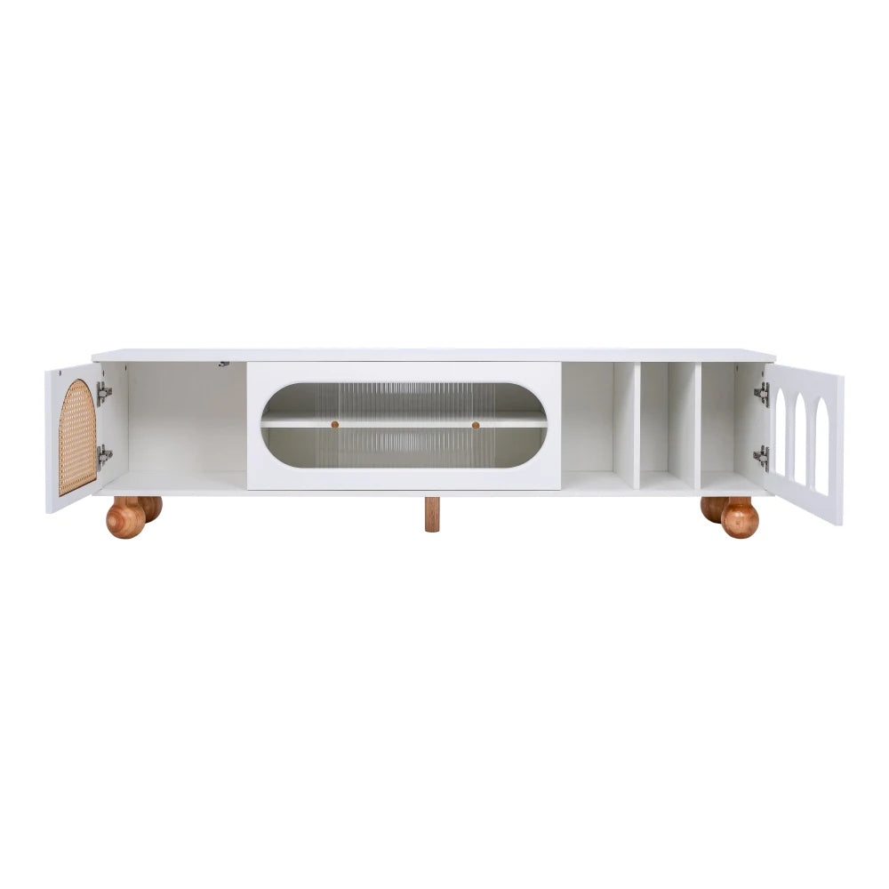 Meuble TV Bellagio – Blanc, verre et cannage, 170 cm – vue du produit