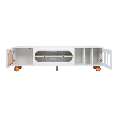 Meuble TV Bellagio – Blanc, verre et cannage, 170 cm – vue du produit