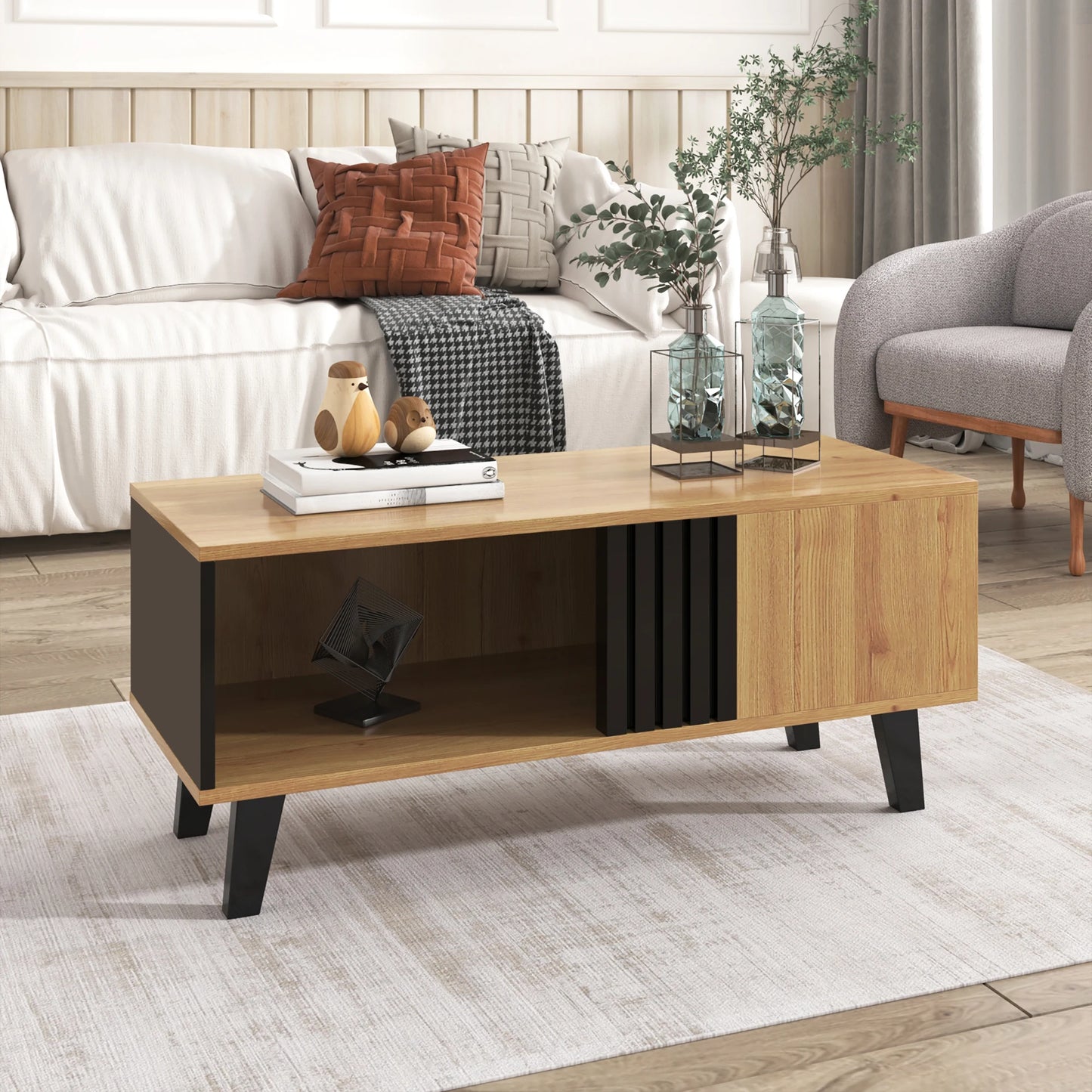 Table basse Torino – Noir et bois, rangements, 100 cm – rangements et fonctionnalités