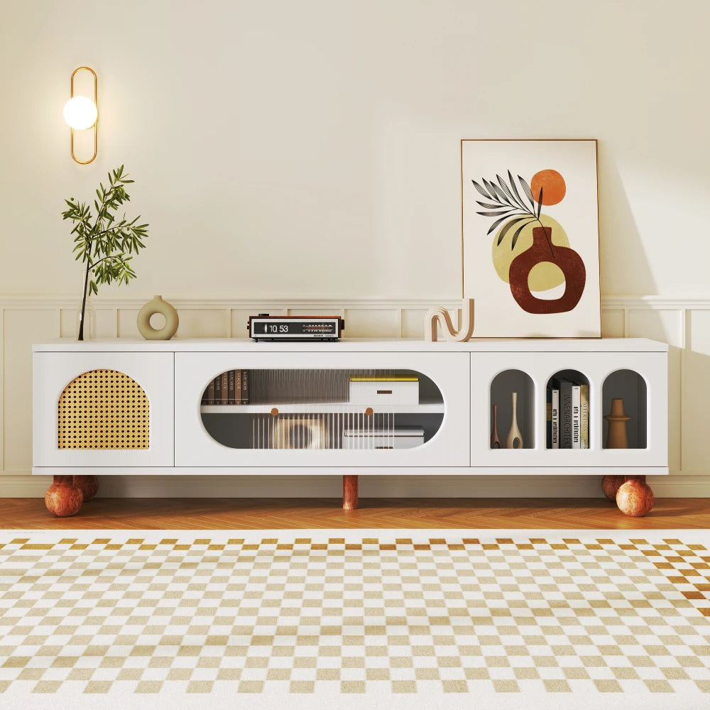 Meuble TV Bellagio – Blanc, verre et cannage, 170 cm – rangements et fonctionnalités