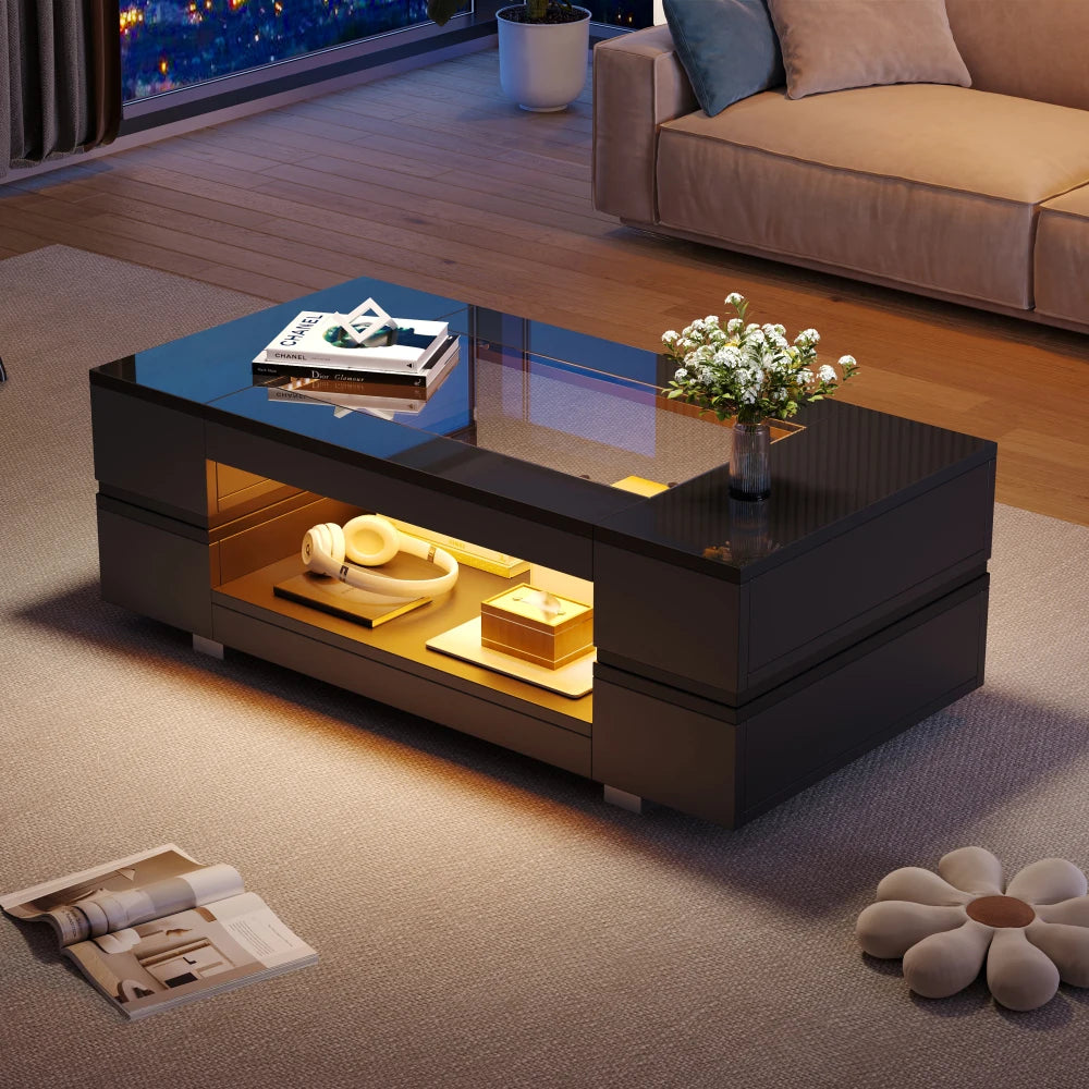 Table basse LED Lumea – Noir ou Blanc, 100 cm – dans un salon