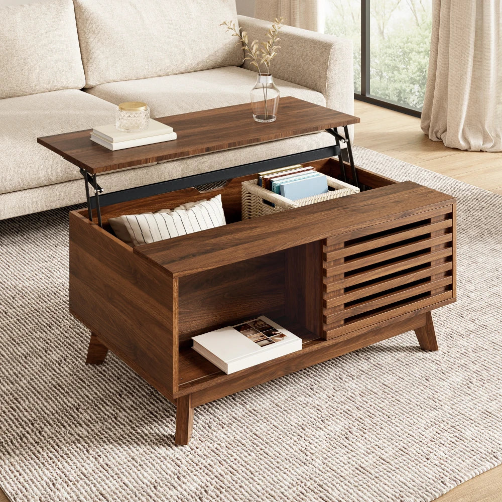 Table basse relevable Urbino – Noyer coulissant, 90 cm – détail des finitions