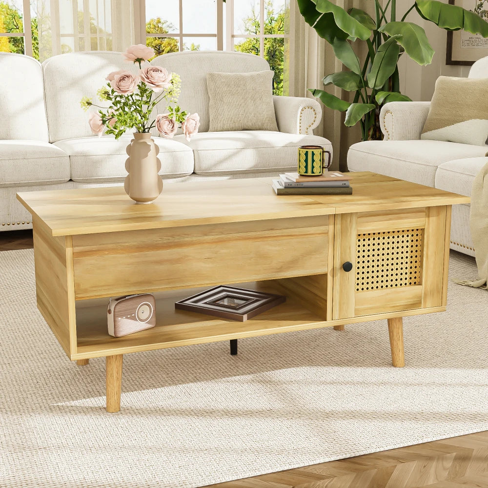 Table basse relevable Rimini – Bois et cannage, 103 cm – rangements et fonctionnalités