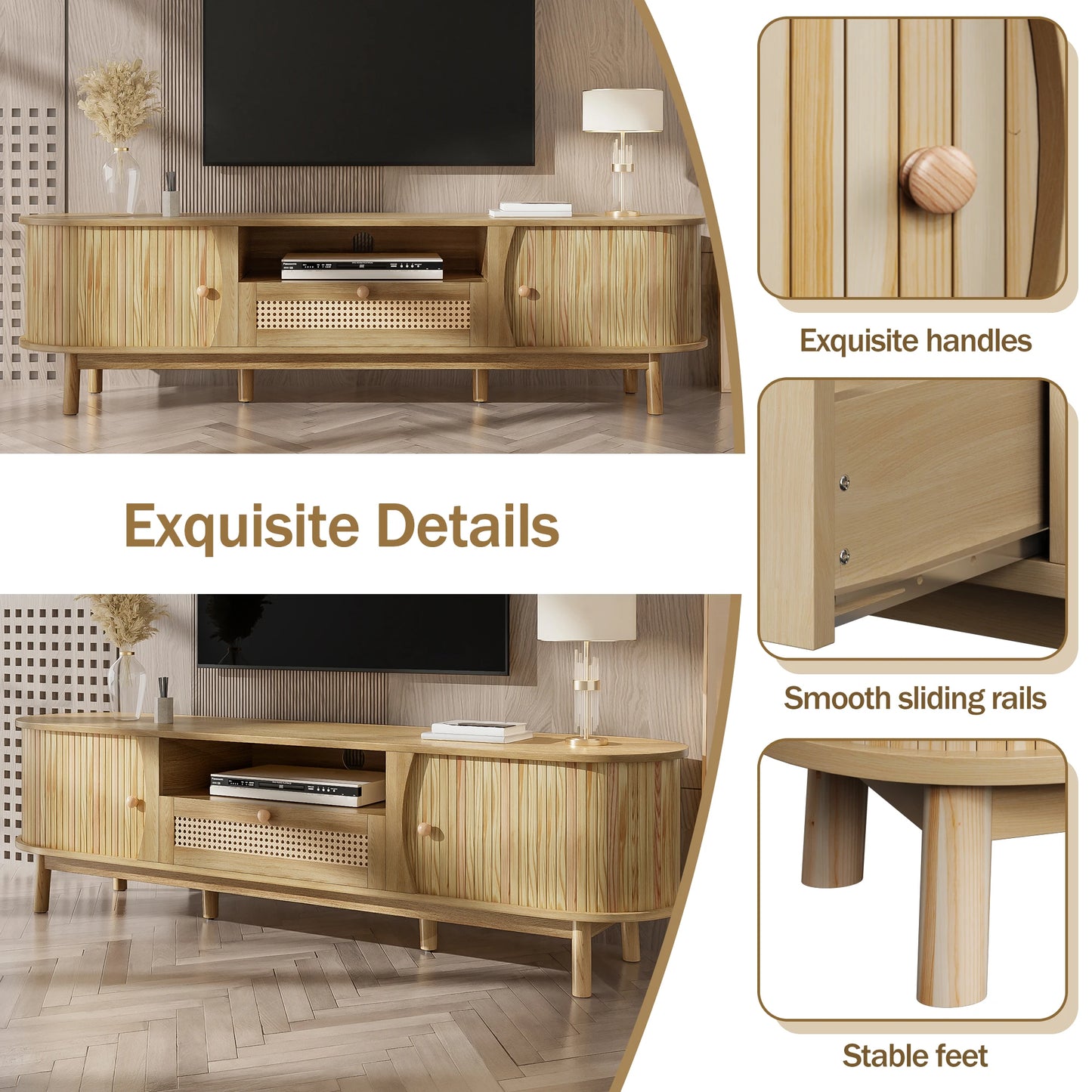 Meuble TV Matera – Bois naturel et cannage, 165 cm – rangements et fonctionnalités