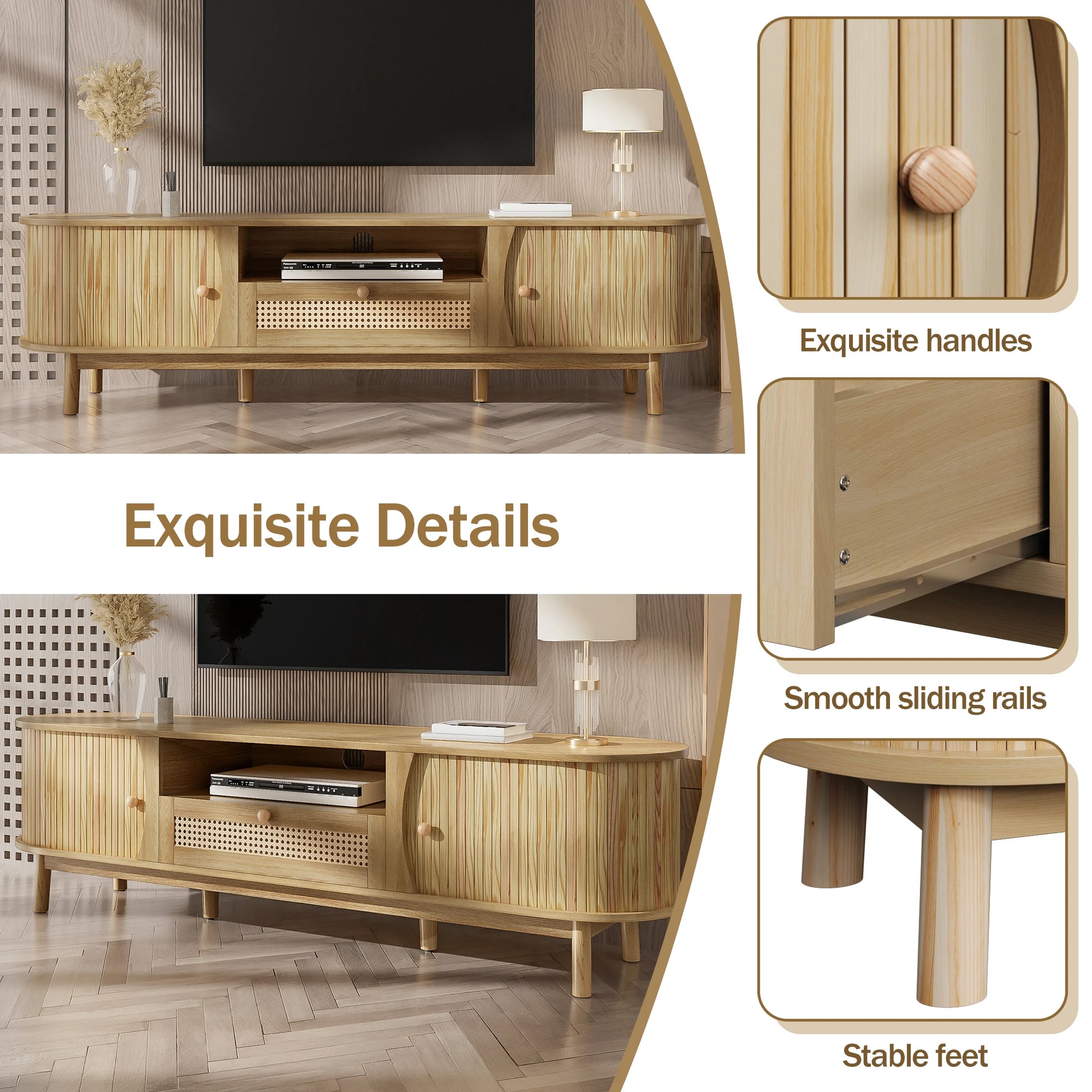 Meuble TV Matera – Bois naturel et cannage, 165 cm – rangements et fonctionnalités