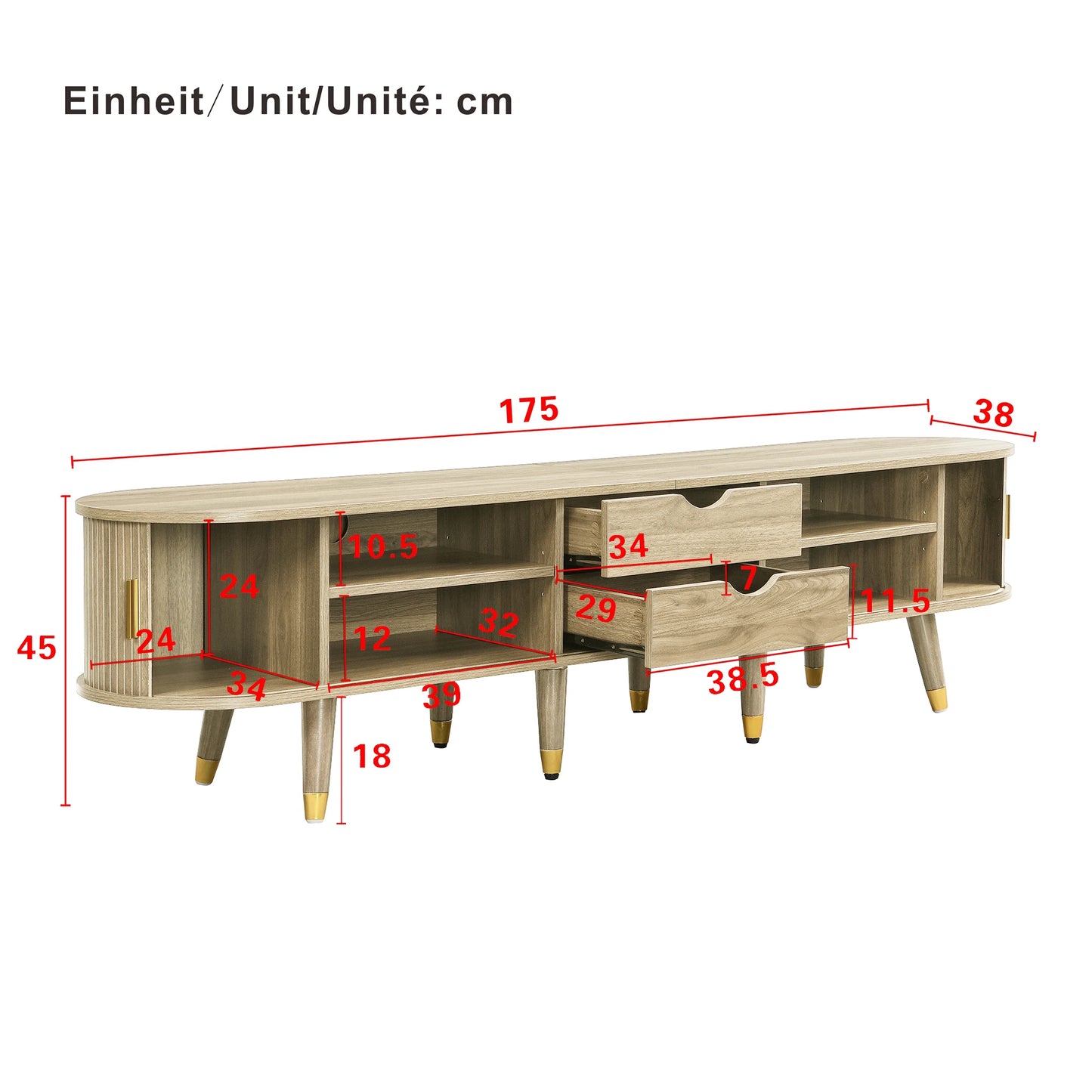 Meuble TV Salina – Chêne clair coulissant, 175 cm – dimensions et proportions