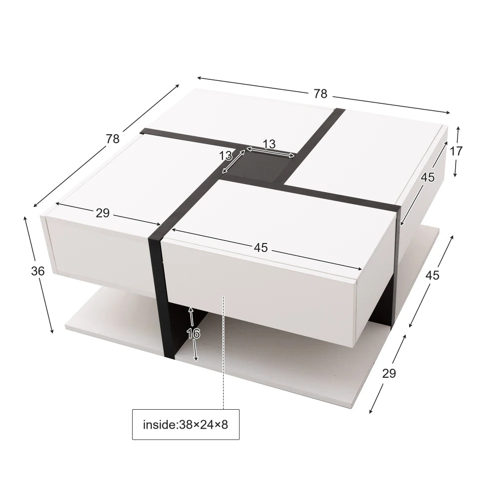 Table basse Perla – Blanc brillant, 4 tiroirs, 78 cm – dimensions et proportions