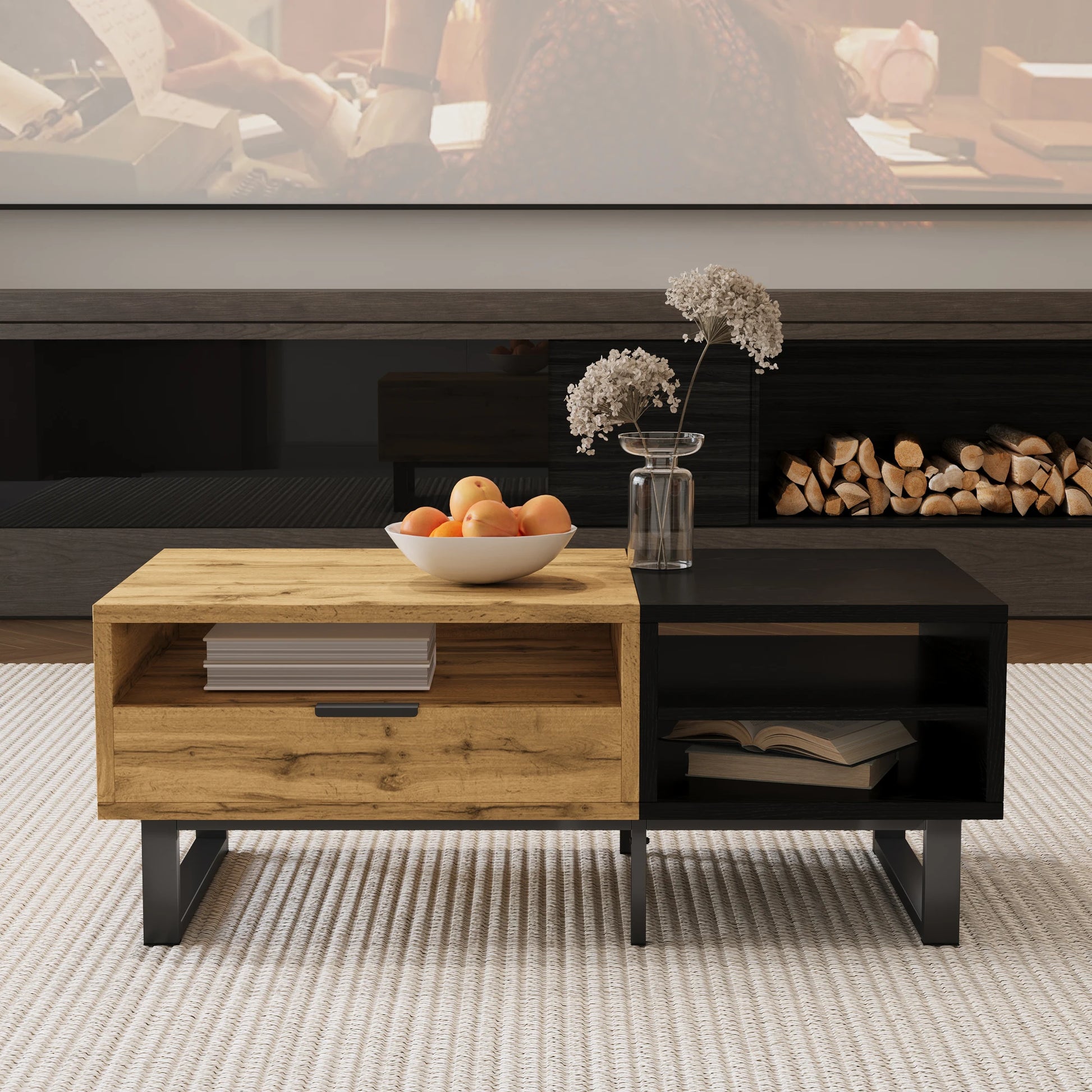 Table basse Modena – Noir et bois, rangements, 100 cm – dans un salon